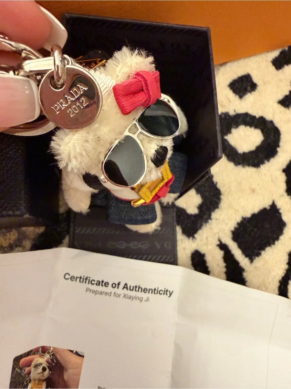Prada Triangle Plate Bear Backpack with sunglasses Acrylic Ivory White Keychain